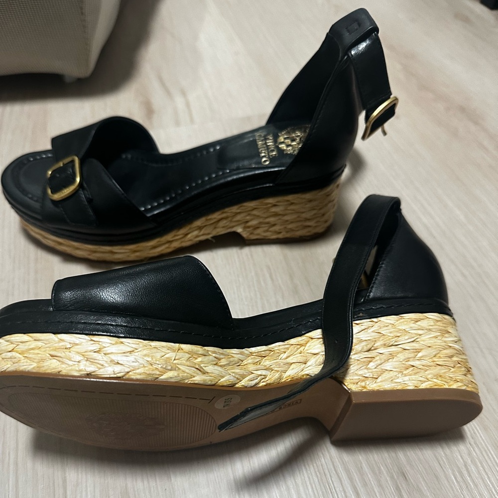 Black Leather Wedge Sandals with Straw Sole